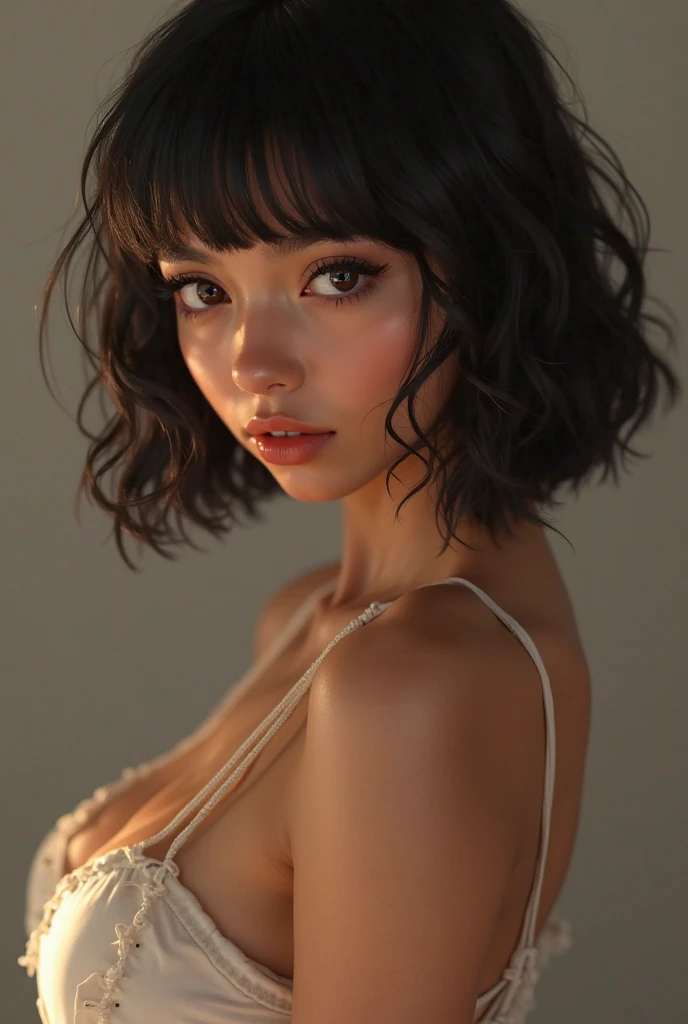 (best quality, 4k, highres, highres face details),18 yrs old, 1girl, solo, athletic figure, tan skin, hoop earrings, perfect nose, perfect lips, fake lashes, large breasts, large butt, deep cleavage, pretty face, cute face, wearing a black bikini top, wearing a black bikini bottom soaking wet, brown hair, short curly hair, crossed bangs, brown eyes, constricted pupils, hair ribbon, hoop earrings, cinematic lighting, Ultra-Wide Angle, Canon, Hyperrealism, UHD, masterpiece, textured skin, high details, best quality, detailed eyes, detailed iris, full body image, posing for the camera