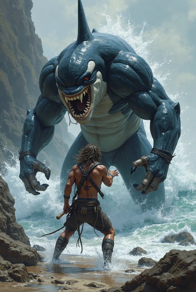 Beach, a human-sized humanoid Leviathan, holding a chain with both hands, swinging a chain with an anchor over its head, BLAKE, delinquent girl, swinging a bicycle chain in her hand,