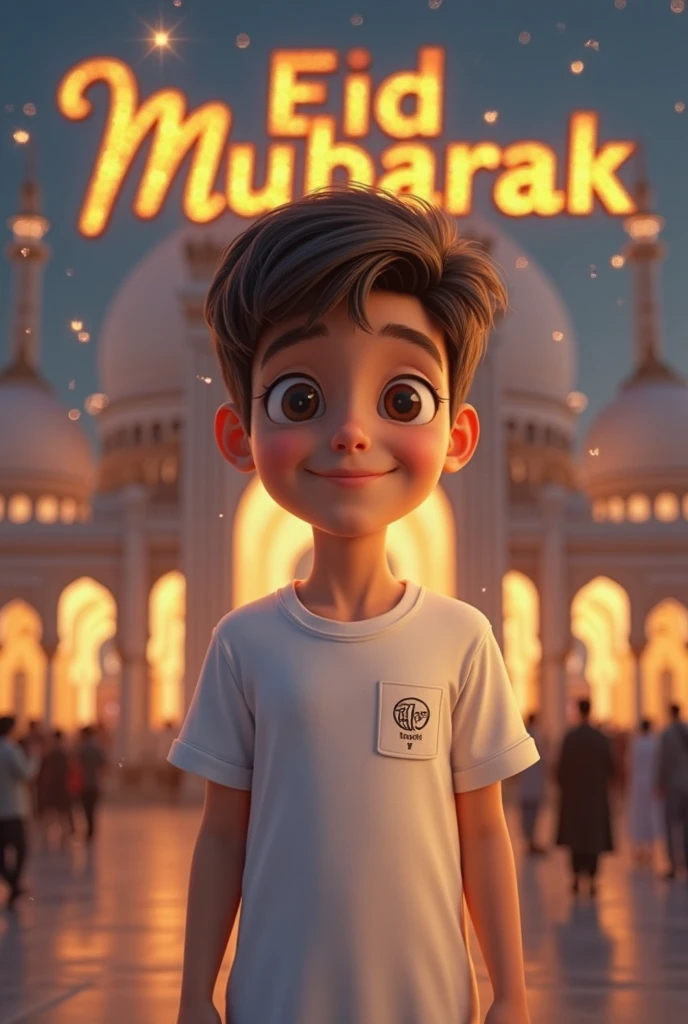 Create an 4k realistic image of 12 year boy he wear a white tshirt printed on "SUBHAM" and he is Seating on a fair ride in big fair