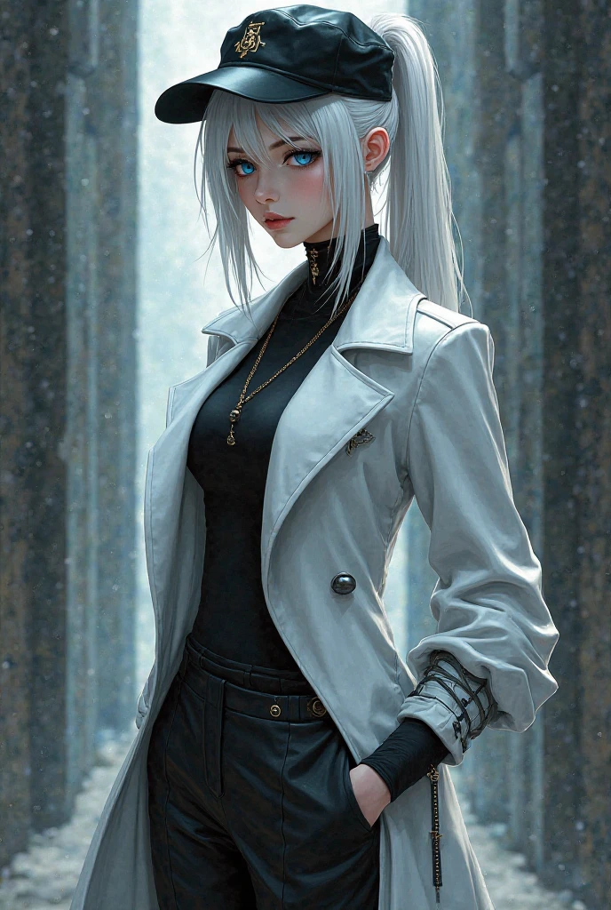 Excellent, Masterpiece, High Resolution, Best Quality, UHD, Super Detail, Award-Awarded, 16k, (upper body), a beautiful girl, white hair, hair strands, ((heterochromia), hanging eyes, fair skin, (small breasts), (slim body), ((Business suit)), short gloves