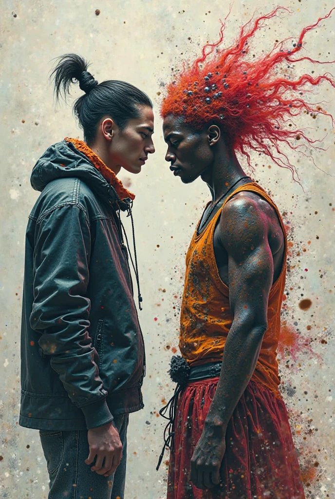 Homosexual couple, a boy with black hair tied in a ponytail, tattooed and dark-skinned, another boy with red hair, shaved on one side, with a red dragon tattoo, white and chinese