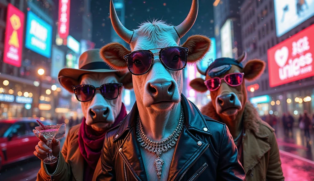 A cow dressed as a cholo with sunglasses and a bandana with a gun in the neighborhood and his gang