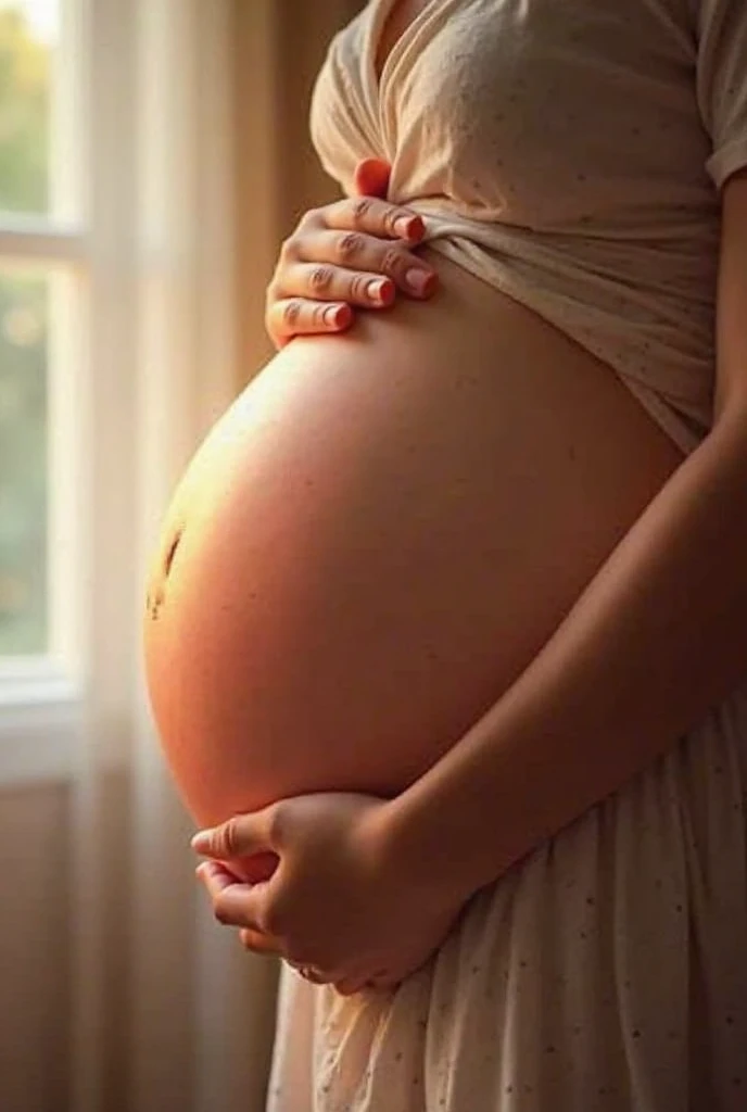 Pregnant woman seen from side, white background, sad --auto --s2