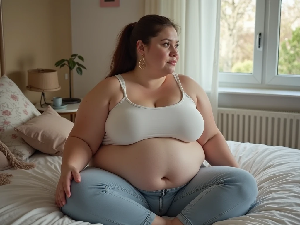 Femme très grosse, assise dans des coussins, Makima, bbwchan, cheveux rouges et yeux jaunes, double menton. Son gros bide sort de son pantalon, elle le carresse avec ses mains. Button pop. Ventre en boule sous le jean. Elle porte un short en jean trop petit et un haut en dentelle, belle lumière sur elle, magnifique femme obese, visage très gras et double menton 