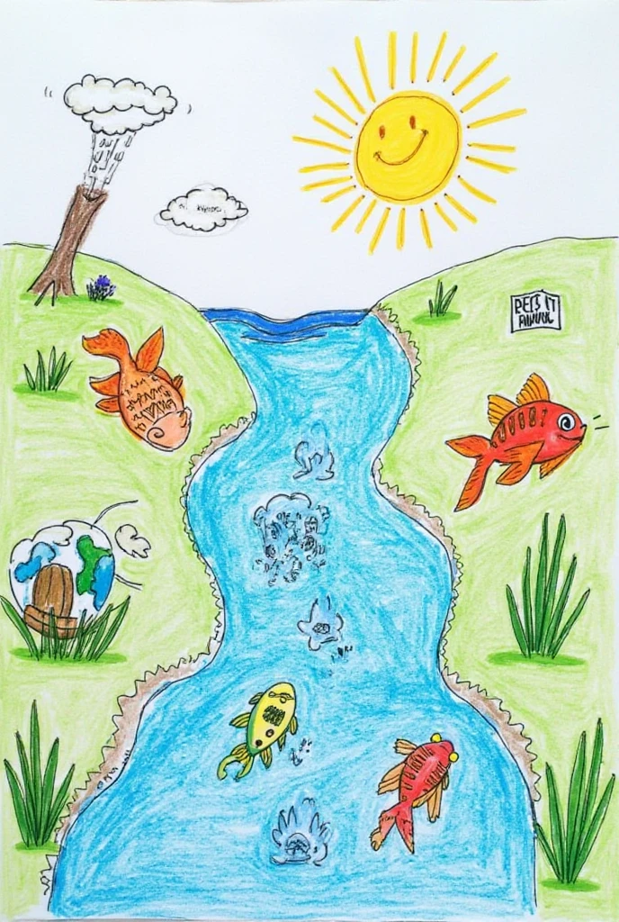 A drawing for a natural science fair that has a river with happy fish and a  with a drop of water that represents the earth and that there is something that shows that garbage should not be thrown into rivers with a danger sign not to pollute to show that water is life and must be taken care of