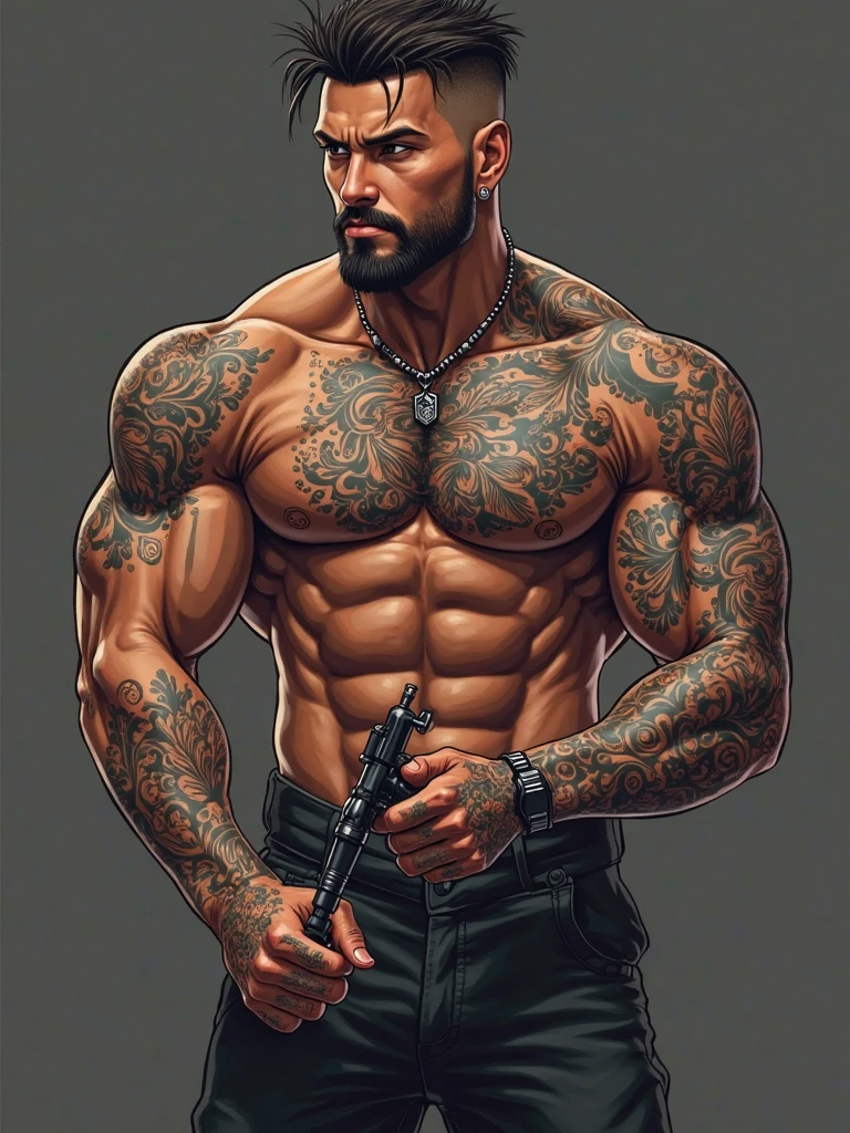 A tall man with strong muscles, tattooed,short dark hair
