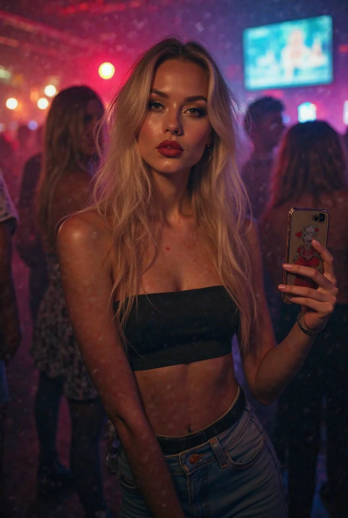 Selfie, wink, woman with cute baby face, attractive and seductive expression, shy, straight blonde hair, brow, make up, blue colored eyes, superlative body proportions, covered in tattoos, wearing a lace top, very low jeans, engineer boots, artistic, em um night club, red and yellow lights, show de uma banda