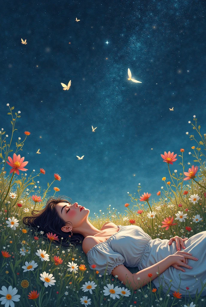 A girl sitting in a very large poppy field surrounded by blue butterflies and a very starry sky in which you can see the galaxies
