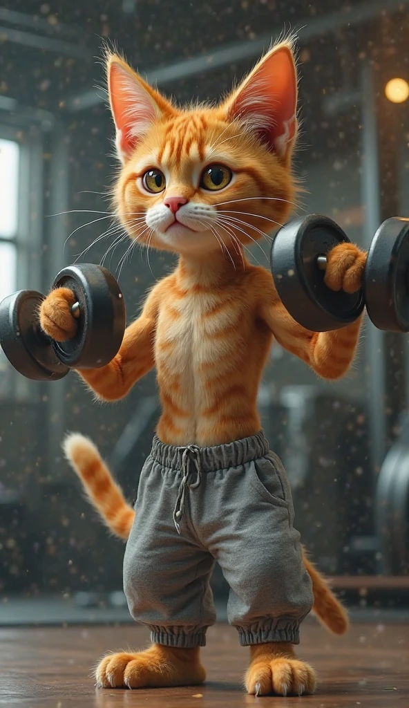 anthropomorphic cat, grau, fluffy, masculine, sslim, large, She trains with dumbbells., Upper body naked, Yoga-Hose, bare feet, green eyes, wild hairstyle.