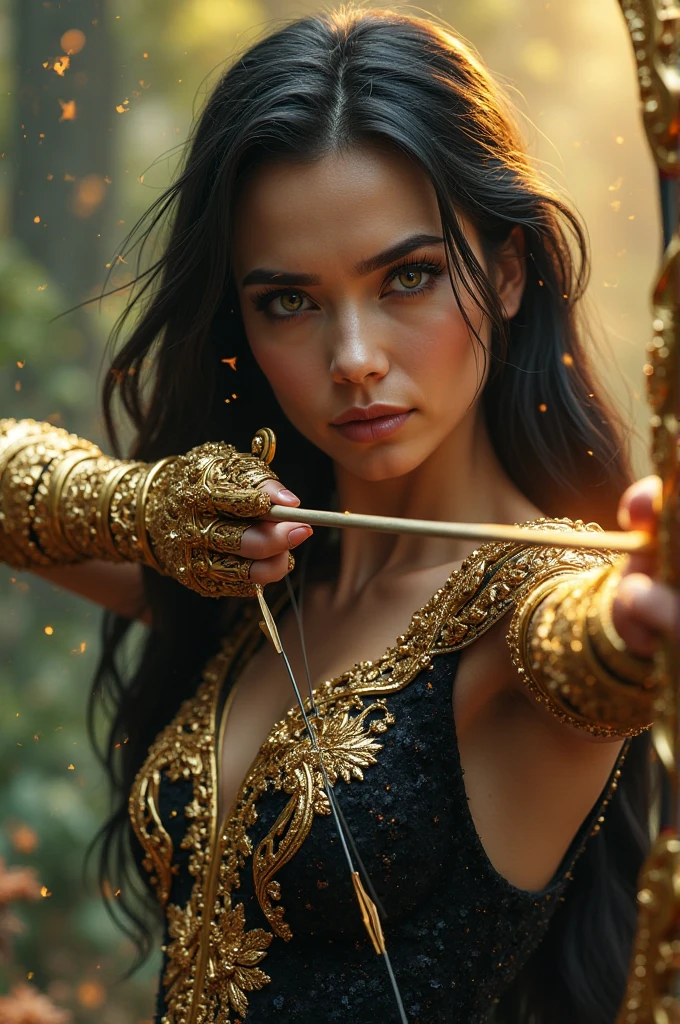 ((1 girl, dynamic archer stance, detailed archery stance:1.5)), intricate arch, dramatic movement, Eye-catching silhouette, flowing hair, intense focus, muscular physique, realistic skin texture, high quality, 8k, cinematic lighting, dramatic shadows, warm color tones, vibrant colors, fantasy landscape background, lush vegetation, Rocky cliff, dramatic sky, dynamic action, Striking composition, masterpiece, photorealistic, hyper detailed