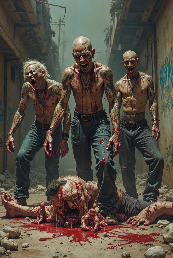 A boy with white hair, a group of zombies terrifying, tearing and biting, the boy opens his mouth