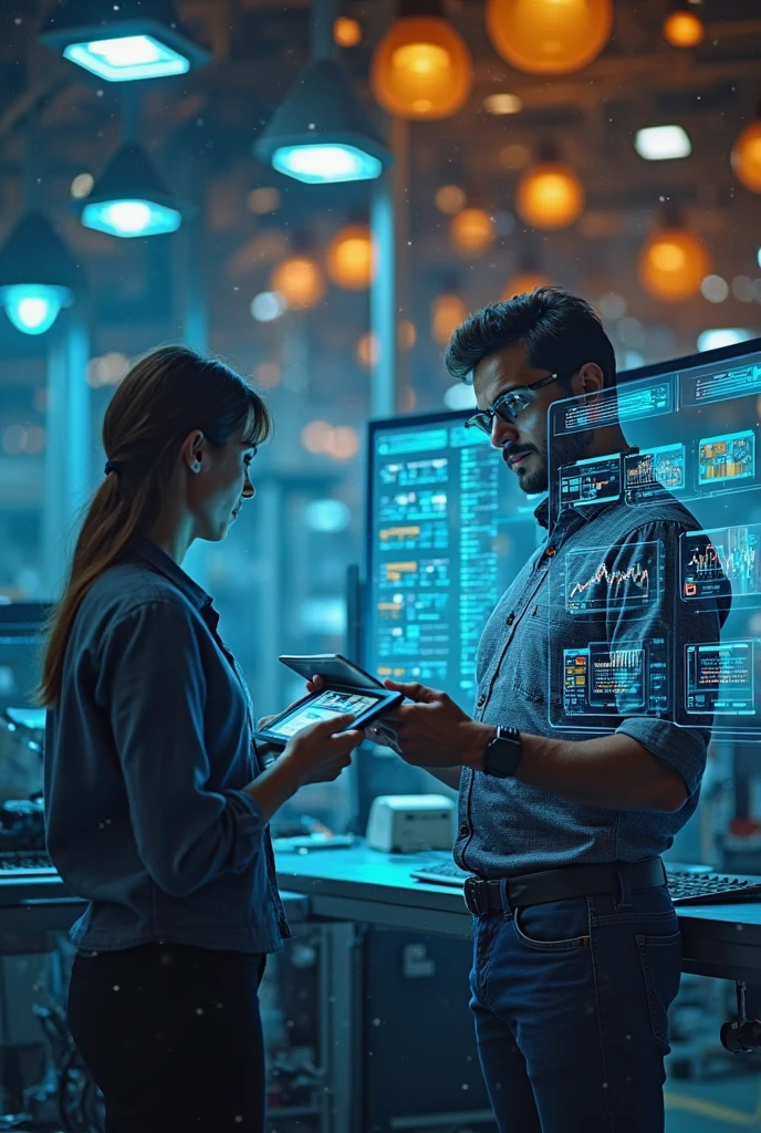 "Create a professional and technological image for a position as a Materials Analyst at the company WEGO Sistemas, that works in the electronic products industrialization sector. The image must convey innovation , organization and logistics efficiency.

 Visual Elements :

A modern industrial environment with electronic plates and SMT/PTH in the background.
 A professional  ( man or woman ) analyzing reports and inventory data on a tablet or computer.
A digital panel displaying logistics graphics, material flow and inventory indicators.
Background contrastante: warm shades of orange or amber, creating a visual contrast with the brand's predominant blue, bringing balance and visual impact.
The WEGO Sistemas logo in a discreet corner of the image.
Image style:

Realistic and corporate.
Modern and clean lighting.
dynamic angle, showing both the professional and the industrial operation in the background.
The image must convey the idea of precision, equipment control and innovation in the materials management sector within an electronic technology company."