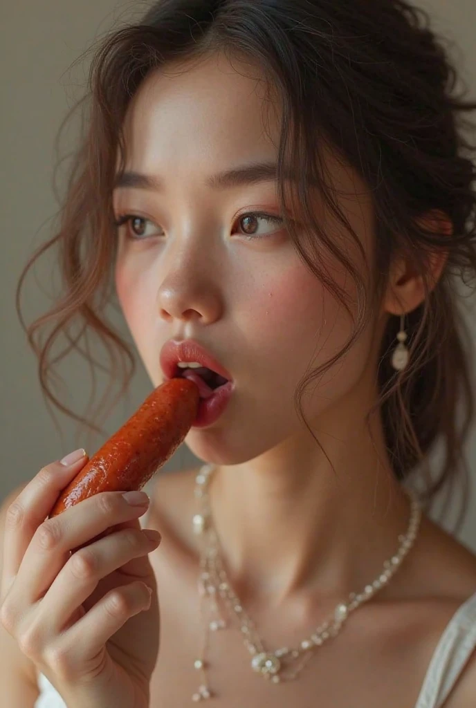(Practical, photo-Practical:1.4), (best quality, masterpiece:1.2), RAW photos, high resolution, Intricate details, Extremely detailed, Practical and sharp details, (portrait, Face Focus), Solitary, A Japanese woman, Mai Shiranui, (Eat a big sausage, Put a long sausage in your mouth:1.4), (Delicate face, Beautiful and delicate eyes, Beautiful student, Delicate nose), Pale skin, Delicate skin, earrings, clavicle,, Simple background,, huge breasts, ponytail,Lick the sausage,Suck sausages,Thin waist,Half Body,Huge breasts,Breast close-up