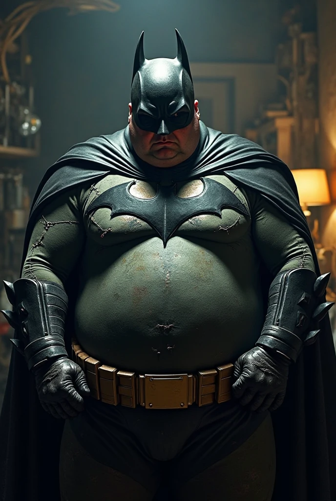 vintage comic book cover, vintage batman comic, title is "batman", cover depicts an obese  batman , fat batman, 