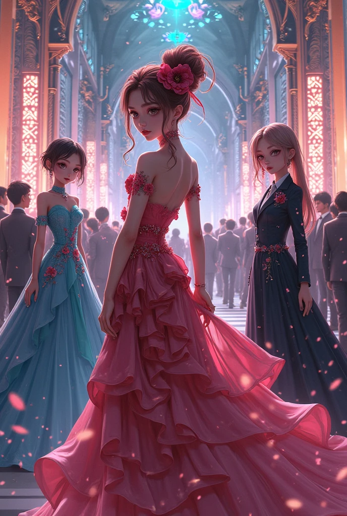 Four girls in evening gowns random colors