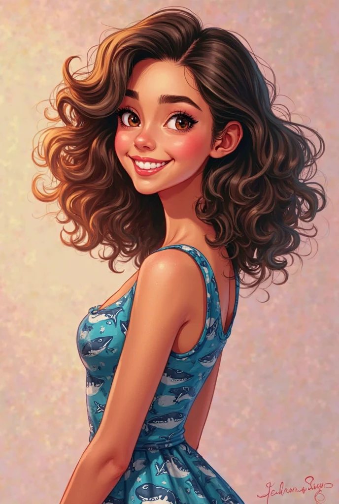 Style manga, fillette de 6 ans, métisse métisse, cheveux chatains bouclés en chignon, une decoration doré dans les cheveux, yeux marrons, robe toute bleue clair avec des paillettes bleues en haut.
Elle sourit, elle a un peu de maquillage sur les yeux