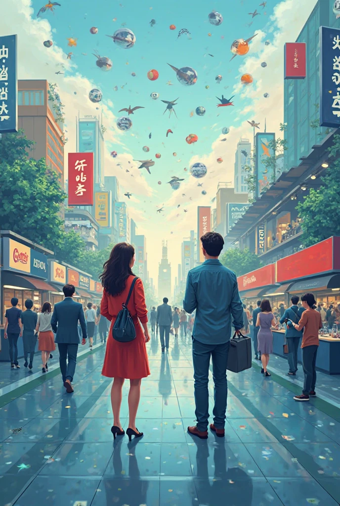 create an image of a couple passing by balloon in a futuristic city and in the background as watermark a carp dragon