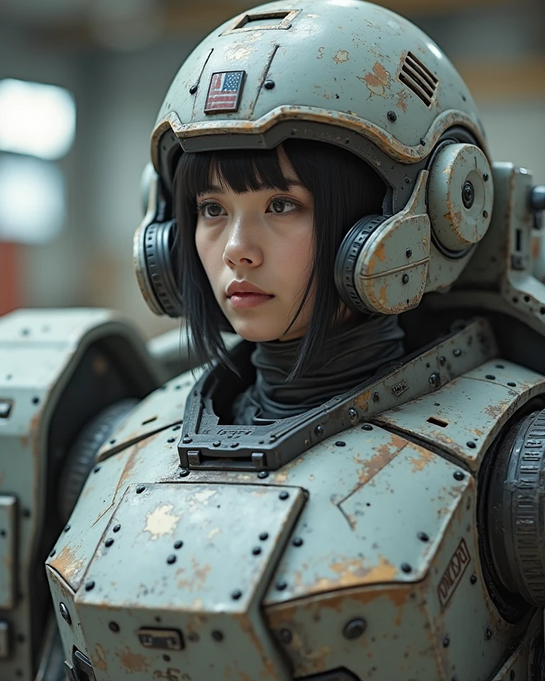 A still from a film showing a female mech pilot standing in front of her (Large combat mech:1.3), Sci-Fi Armor, military base, Strong winds, Sci-fi helmet in hand, visor, Detailed eyes, dry skin, Skin fuzz, Visible skin hair, Skin blemishes ,, Shallow depth of field, Vignette, Very detailed, big budget hollywood movie, Bokeh, CinemaScope, Sulky, amazing, nice, Film Grain