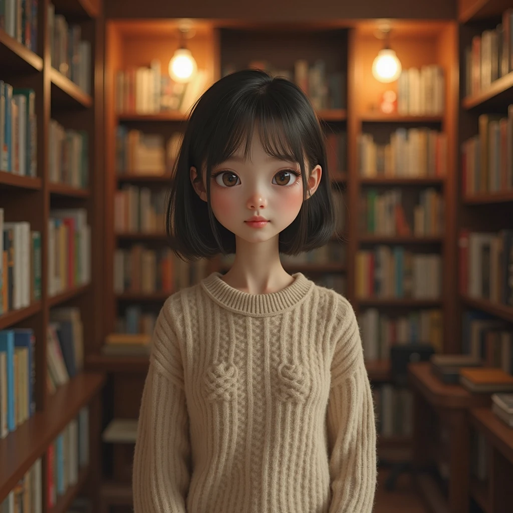 girl, round eyeglasses,cream turtleneck sweater, small-medium breast, Skirt, short black hair, japanese, detailed portrait, beautiful young asian woman, focused expression, soft skin, delicate facial features, serene, natural lighting, muted color palette, cinematic, digital painting, 8k, anime style art, studio lighting, sharp focus, vibrant colors, warm tones, cute, 5,3ft height, high school or college girl, with books 