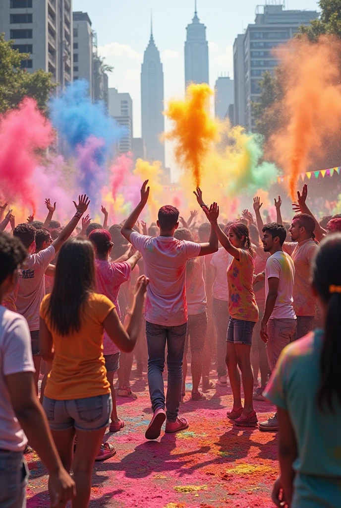 best quality,high res,ultra-fine painting,vibrant colors,HDR,color explosion,holi festival,crowd,playful atmosphere,joyful expressions,flying colored powders,splashing water,celebration vibes, visual effects,dancing and singing,smiling faces,happy people,enjoying the moment,bokeh lights,beautiful color contrasts,vector graphics,artistic rendering,paintbrush strokes,abstract patterns,creative composition,lively energy,unforgettable memories,summer vibes,positive emotions,harmonious blend of colors,ethereal lighting,contagious happiness