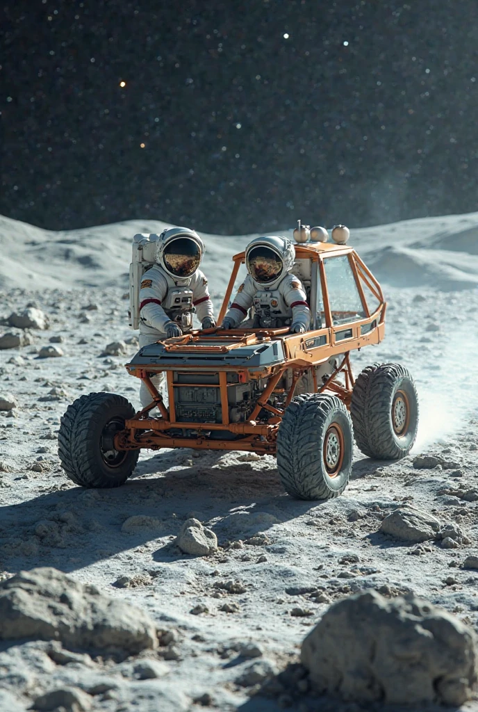 A boy's moon-exploration fantasy with his miniature astronauts & moon buggy & other space toys arranged in a realistic depiction of the surface of the moon, within his backyard sandbox, background of a suburban back yard at sunset., Abstraction, beautiful, moon landscapes, toy astronauts, rustic sandbox in a backyard, sunset lighting, miniature toys and moon-base, tilt-focus, bokeh, sunset light