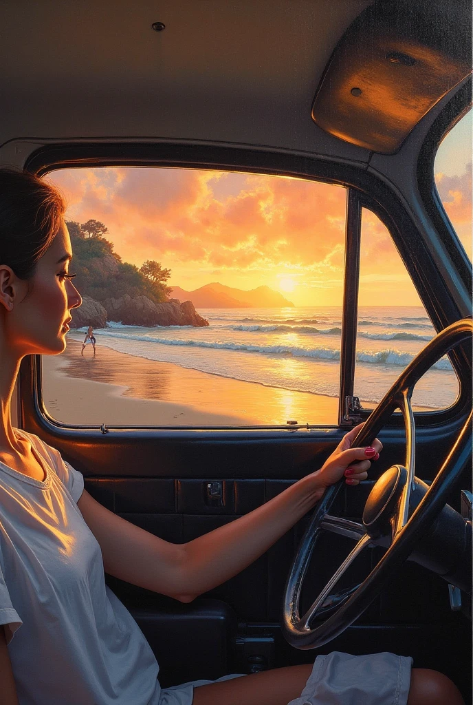 Help me with a picture of a car with the doors open on the doors clothes hanging in perspective on a hill with some legs sticking out of the car