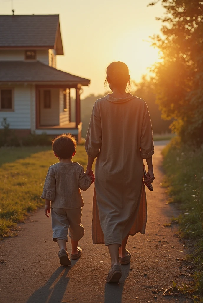 Side view photo of a woman's hand in white sweater and red long skirt walking while holding her 2 year old son wearing dark jump suits who is also walking behind her while carrying his teddy bear on the ruin of a city, sand cloud, heat, hazy, rubles, debris, desaturated, low contrast, cinematic
