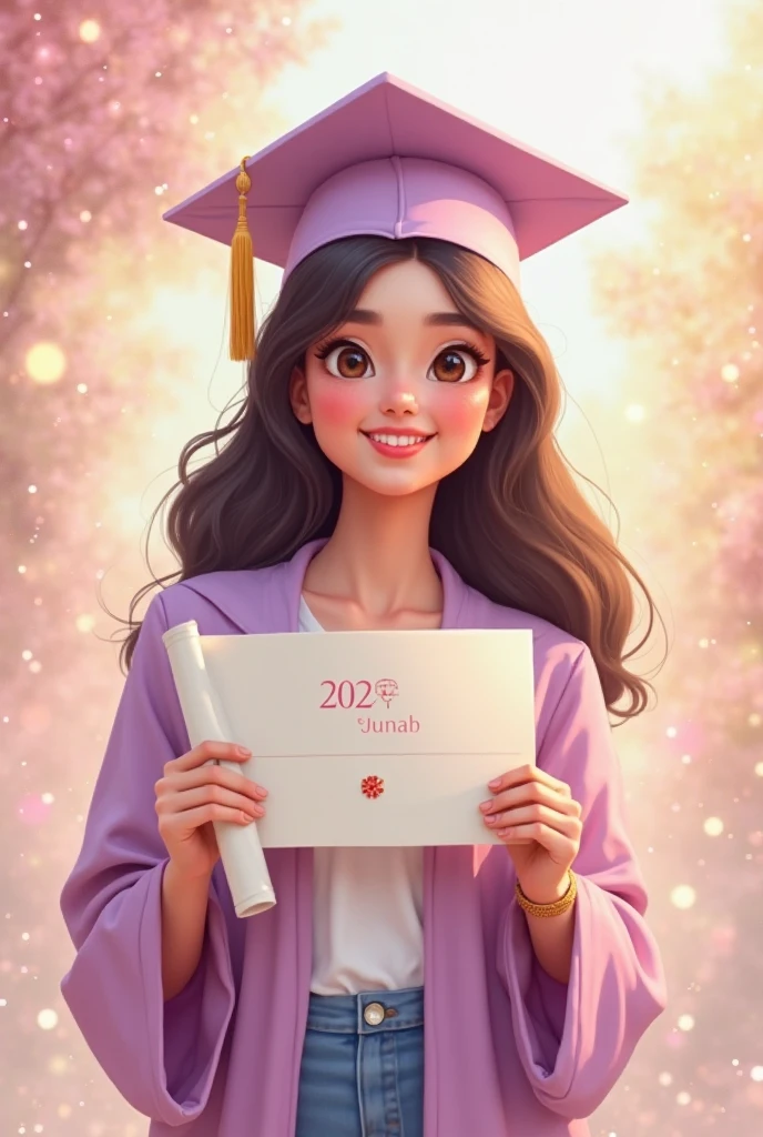 Fan art, consept art, A ,wearing hijab, wearing black graduation hat, in purple graduation gown, purple theme background, kawai theme background, leaf effect background, cute design, bright results