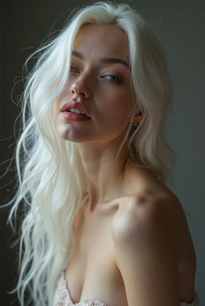 A striking teen adult model with icy blue eyes and angelic features poses, age 18, nude, silver hair (((fully naked))), youthful, energetic, playful, posing, by Tim Walker, full body, business clothing