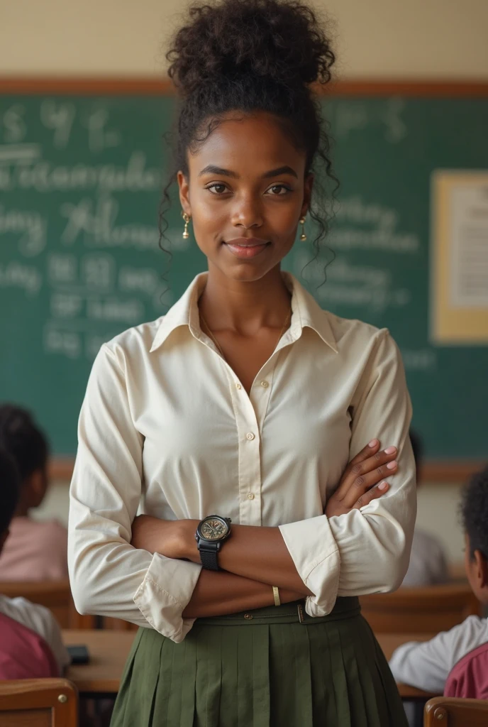 A mid-shot of Ms. Chambers, Jaela Chambers, a 32 year old female teacher, standing in front of a classroom of students, engaged in a conversation with one of them named Juan. She has a bubbly yet serious expression, with sparkling eyes and a warm smile, showing her golden heart. Her hair is styled in a neat bun, revealing her slightly wrinkled forehead from years of thinking and reading books. She is dressed casually but professionally, wearing a light blue blouse and a pair of khaki pants, reflecting her balanced personality. The classroom is filled with natural light coming from the windows, highlighting her delicate features and creating a soft glow around her. The background is blurred out, emphasizing her presence and the ongoing conversation. The image is captured using a Fujifilm XT3 camera, set at 50mm focal length with a 20MP resolution, utilizing a shallow depth of field for an ultra-realistic and high-detailed depiction of Ms. Chambers, focusing on her facial expressions and attire. Milf. Atributos grandes.