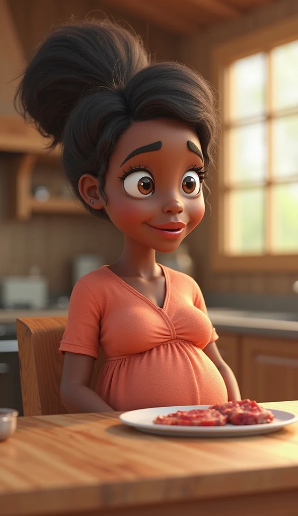 3D poster inspired by Pixar capturing a scene with a 55-year-old woman, medium and square black glasses, light brunette, long eyelashes, small and chubby nose, wrinkle between the eyebrows, arched eyebrows, square chin, overweight, chubby, plump arms a little belly, slightly full lips, full breasts, smiling, black hair, very black and full of curls, and short on the side, all curly hair, full of curls, shaved neck and long bangs on the side with curls, well long with curls, with an asymmetrical pixie haircut in which one side is very short and the left side is longer, long, wide and colorful dress with geometries, atelier with mandalas, a beautiful mole on the upper lip, between the nose and the mouth