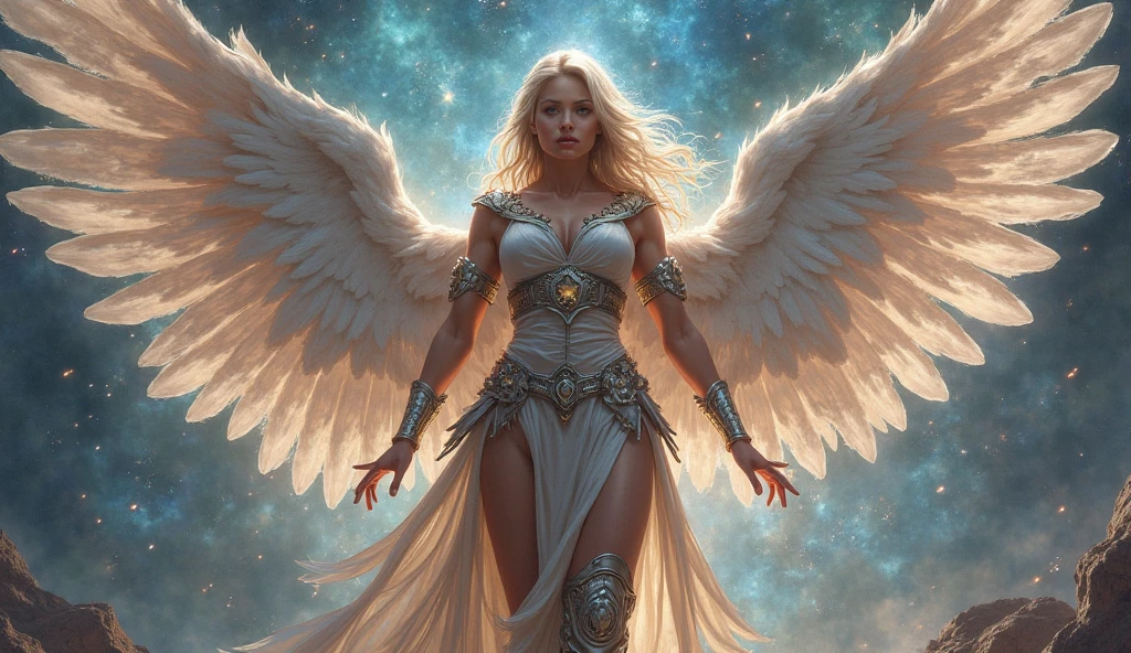 A beautiful, ethereal angel warrior angel with no visible facial features, glowing skin, flowing white robes, serene expression, glowing aura, detailed angelic wings, divine light beaming from the figure, mystical landscape in the background, cinematic lighting, dramatic composition, vibrant colors, dreamlike atmosphere, masterpiece, 8k, hyper detailed