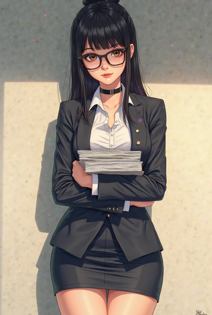 (best quality:1.5, highres, UHD, 4K, detailed lighting, shaders), gold floral haired, gradient hair, large breasts, suit, gray shirt, social shirt, short skirt, mature woman with glasses, (pov), white background, colorful eyeshadow, dramatic lighting, sparkling eyes, sensual expression, golden earrings, flowing hair, delicate facial features, dark skin, high cheekbones, urban setting, white background, dont look for the camera, lean forward, ( pose : behind the camera), squatting 