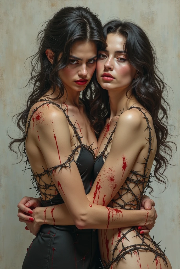 ((sexy 20s two ukrainian women)), black and dark blue tight skinny jeans, belt, white nike air max 90 sneakers, topless, (((full view))), full body view, lying on the mud, dirty and wet oily skin, blood all over the body, wounds, scratches, bruise, dead, rest, lifeless, eyes closed, mouth open, necklace, showing tits and pointed nipples, wristwatch, bracelet, dead girls, pose, street view, tortured, rainy weather, bloodbath, ((facing backwards pose))
