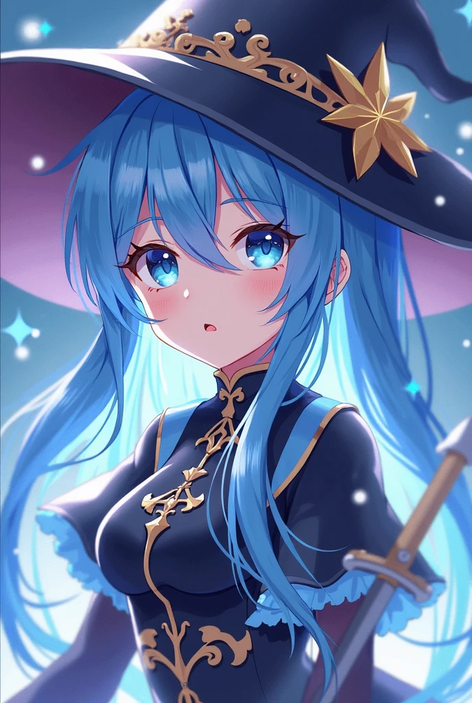 anime girl with blue hair and a blue hat and blue dress, zerochan art, trending on artstation pixiv, witch's hat, fantasy witch flowing dress, masterpiece, best quality, beautiful face, sparkling eyes, celestial dark background