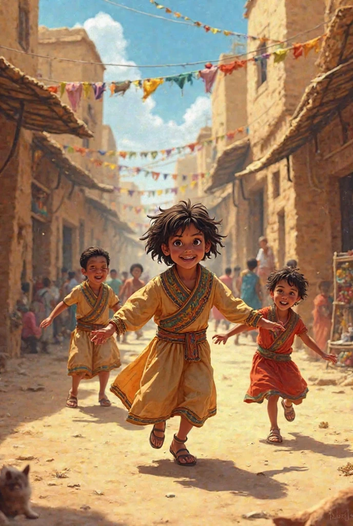 “A picture depicting children in the Middle East, laughing and joking together while enjoying slices of fresh watermelon. They appear cheerful, holding and eating the watermelon slices with their hands. In the background, there is the chaos of war, evident from the rubble of buildings and the smoke engulfing the sky. The children seem undisturbed by the situation, instead, they seem to be relishing the small moment amidst the crisis that has befallen their country.”