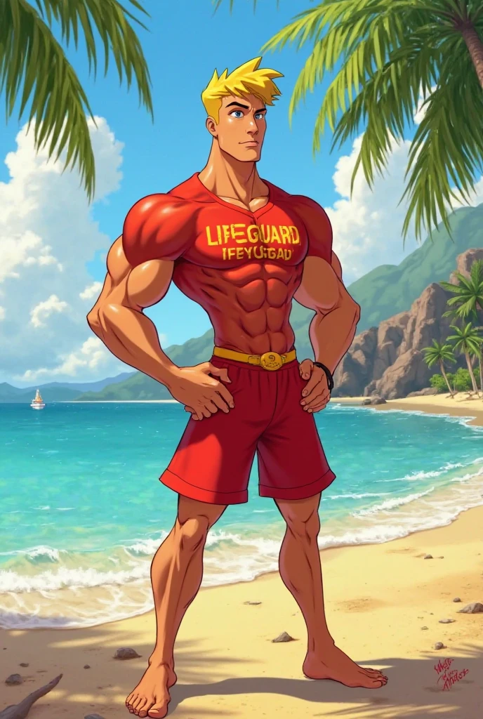 Tanned man, handsome and masculine face, brown eyes, short blond hair, muscular body, huge chest, huge biceps, thick thighs, oily and shiny skin. He is wearing red swimming trunks with a white cross, a red cap with a whistle hanging from his neck and a lifeguard board.