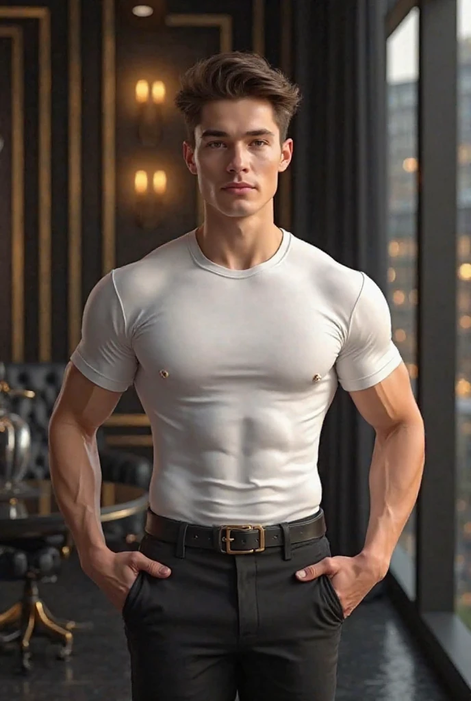 Detailed CG Unity 8K Wallpapers,Tabletop, best quality, ultra-detailed, white background, a beautiful 25-year-old man with short dark-blond hair, short hair, blue eyes and pale skin, masculine posture Complete fashion collection, high quality, Masterpiece, very beautiful and varied, top model, modern, very detailed and intricate, Very fine, extravagant , photorealistic, cinematic lighting, perfect