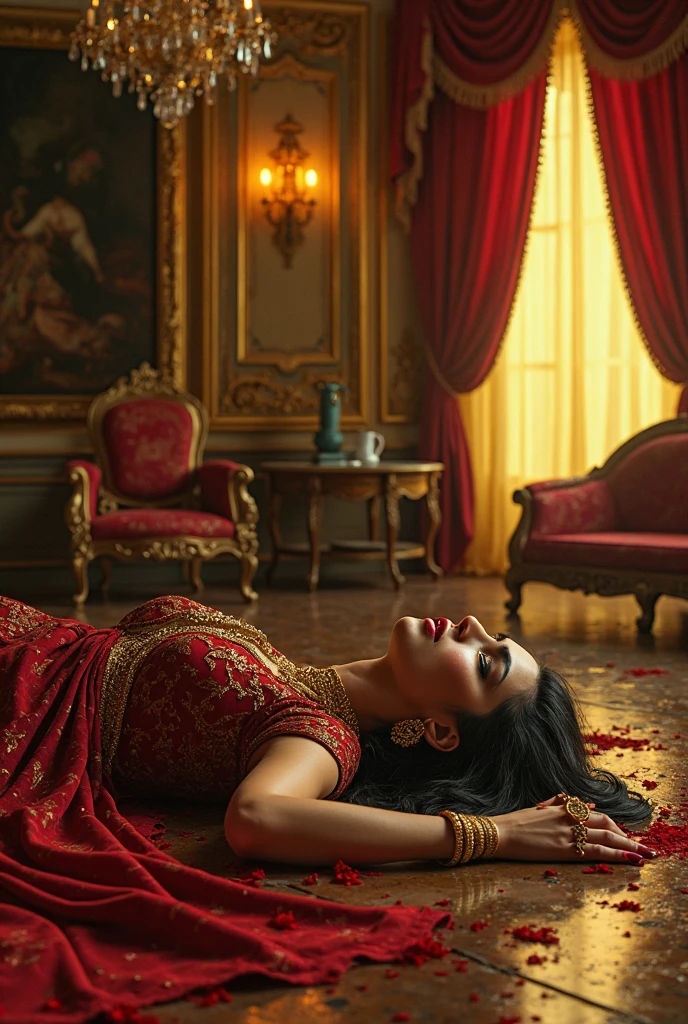 araffe woman in a red and gold dress laying on a bed, lovely languid princess, fashion photograhy, fantasy long intricate gown, high - end fashion photoshoot, very seductive pose, arabian nights inspired, red and gold sumptuous garb, stunning elegant pose, glamour photography, haute couture fashion shoot, photoshoot, royal elegant pose, fashion photography, big , cleavage show, wet body