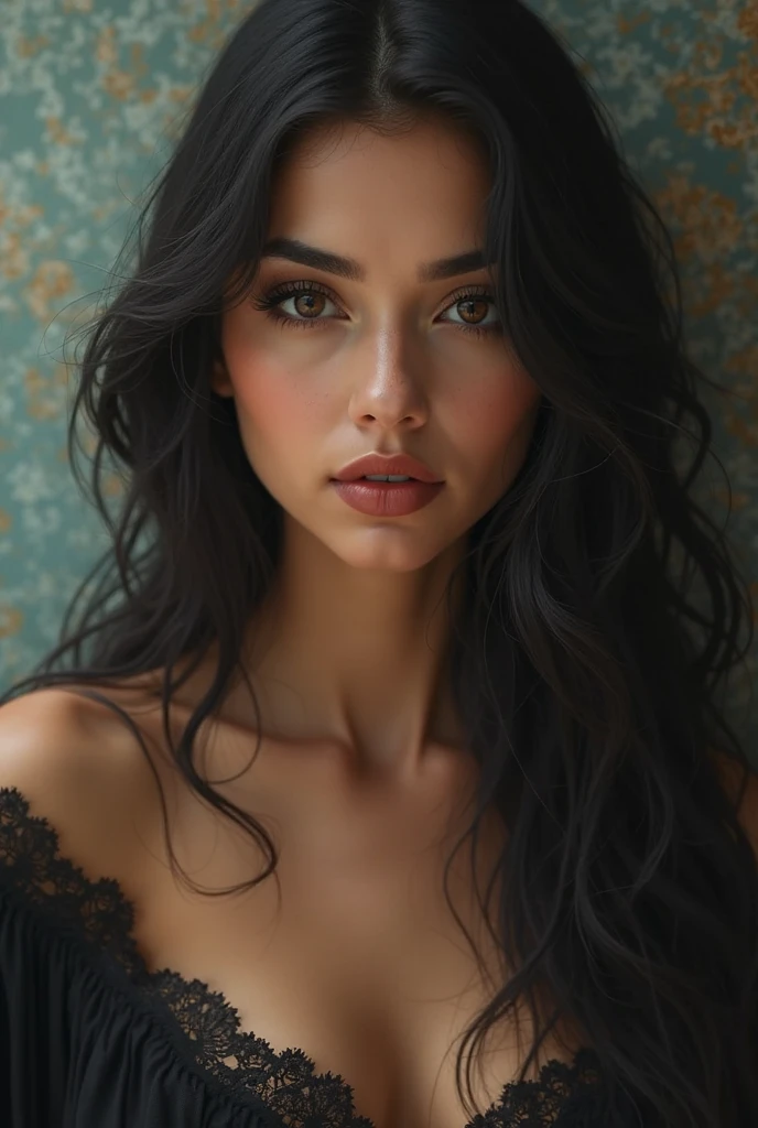 A woman with long black hair and a black top posing for a photo., black hair and big eyes, Girl with black hair, wonderful dark hair, beautiful black hair, attractive girl, Beautiful art, very beautiful girl, pale skin persian girl, Beautiful art, Beautiful model girl, in bowater art style, realism artistic style