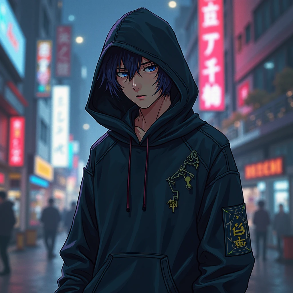 Anime boy in hooded jacket standing in the rain, Anime boy, realistic anime style,sad eyes, cigarette in your mouth