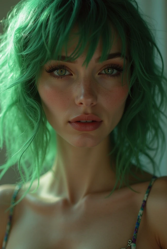 (Skin Texture:1.5),(Provocative smile:1.3),(Posing、Sexy long hair woman taking a selfie:1.5) ),(makeup),((two tone eyeshadow、eye liner、False eyelashes)),((Beautiful breasts with firmness))、toppless、Loose socks,(Watching the viewer:1.5),(Random hair color),(smooth bangs),(Random Color Shorthair:1.35),(Fancy underwear:1.4),green hair color,pale skin, oily skin, realistic skin texture,8K resolution, high detailed realistic skin