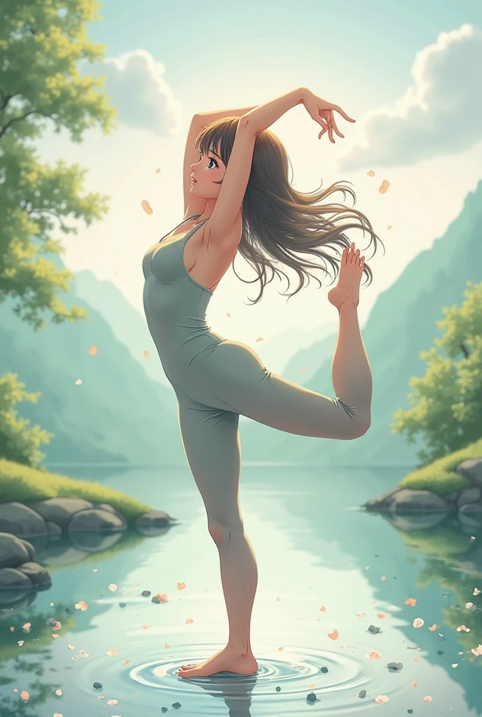 A woman in a standing yoga bow pose on a wilderness cliff like the Grand Canyon. She is chewing on the happiness of being able to do yoga in the pleasant morning sun.Fine brush, rough, detailed watercolor, soft and fantastic, pastel, fluffy, (extremely fine and beautiful), (perfect details)、(pastel color),Soft texture:1.2,(Mastepiece, Best Quality), (Scenery), (Ultra-detailed, Best Shadow),The tones are also visibly luminous.