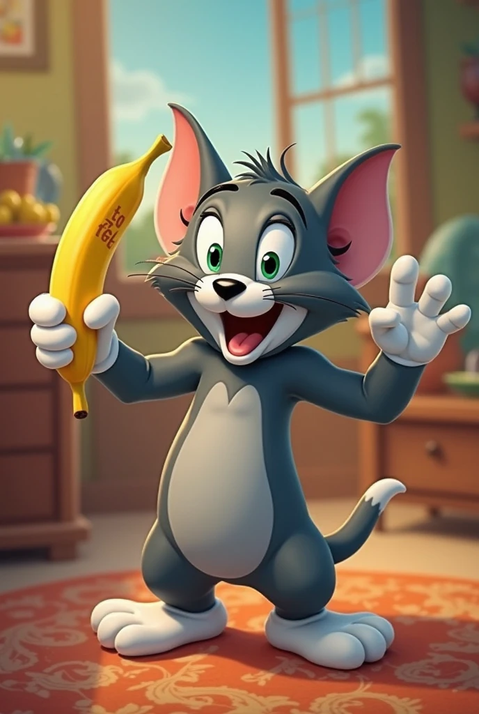 Make an image of Tom and Jerry's cat with a banana in his hand showing it