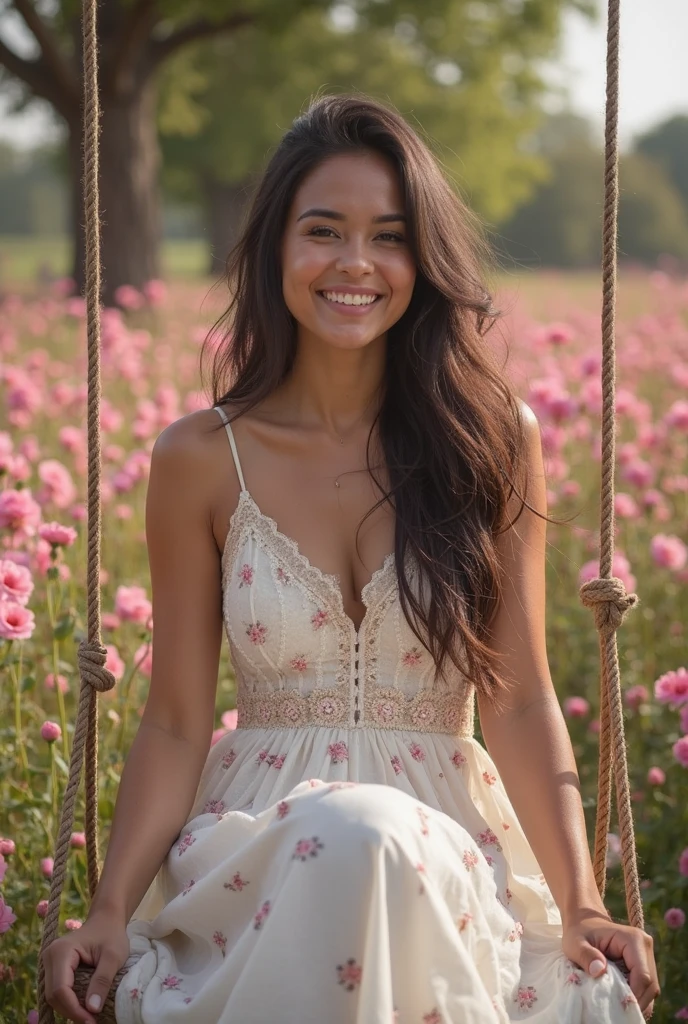 (8k, RAW photo, best quality, masterpiece:1.2), (Photorealism), (Highly detailed CG Unity 8K wallpapers), ((1gadis)), (SFW), (sitting in a beautiful private garden:1.4), horsetail hair, Cleavage, (breast_perfect:1.4), (breast kecil:1.2), splayed legs, pretty face, cowboy shot, (small sheer pajamas)