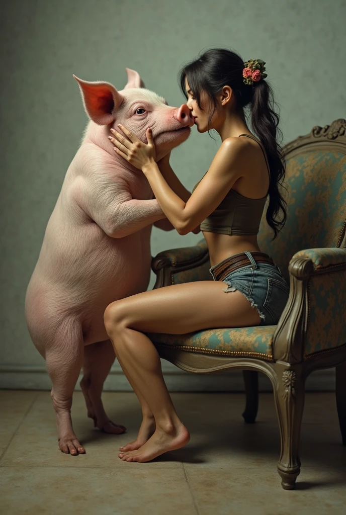 Ultra-realism, highest detail, sharp focus, perfectly defined face and features, full body side view, beautiful young womans body is transformed into a pig with a spiral tail and her nose becoming a pigs snout and she is kneeling forward with her hands on the floor which have changed into trotters, she is wearing no clothes, background farm yard