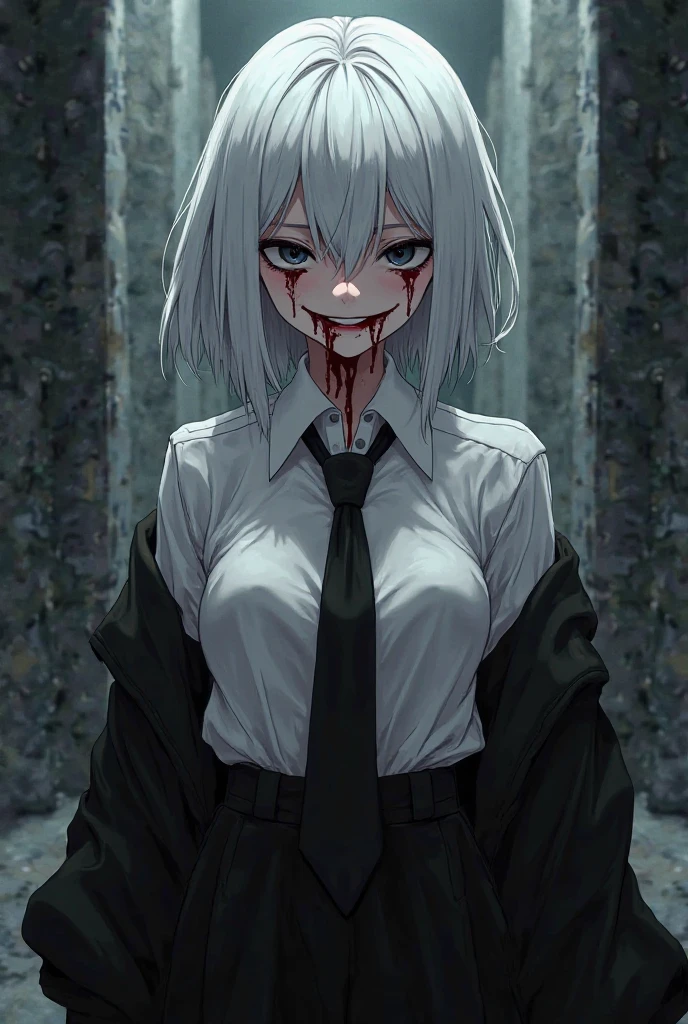 An AI high school girl named Karin, short white hair, with blood, damaged, hurt, anime, psychopath, with a knife full of blood in his hand