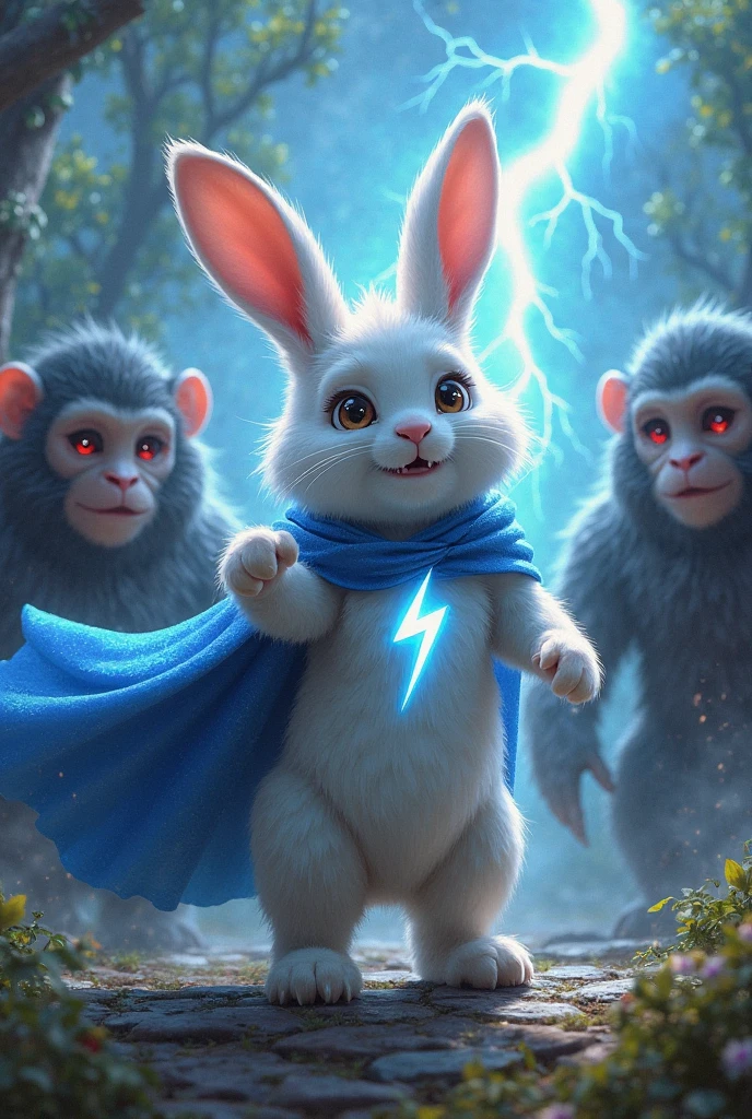 A cute white rabbit with a lightning bolt on his chest in a blue cape ...