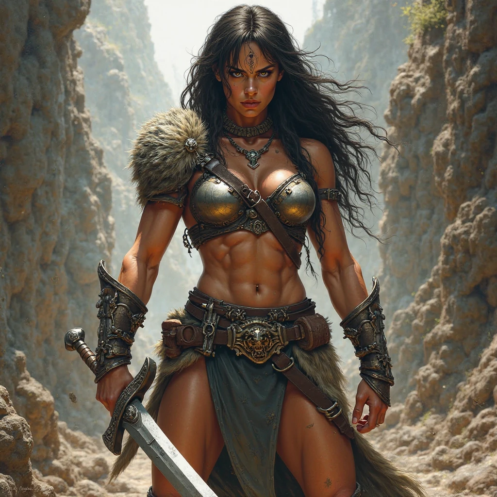 ((realistic:1.5)),((best quality)), ((masterpiece)),((detailed))a heroic sexy warrior, on an epic battlefield, stern, sword and axe, by Frank Frazetta, by Luis Royo, by boris vallejo,