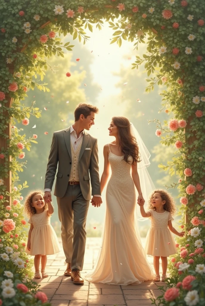 Real person famiy pictorial. woman beautiful with dress my 4 children and her husband. her children are female and she has a sister and a brother and another brother .with attire.with flowers garden butterfly sitting in chair